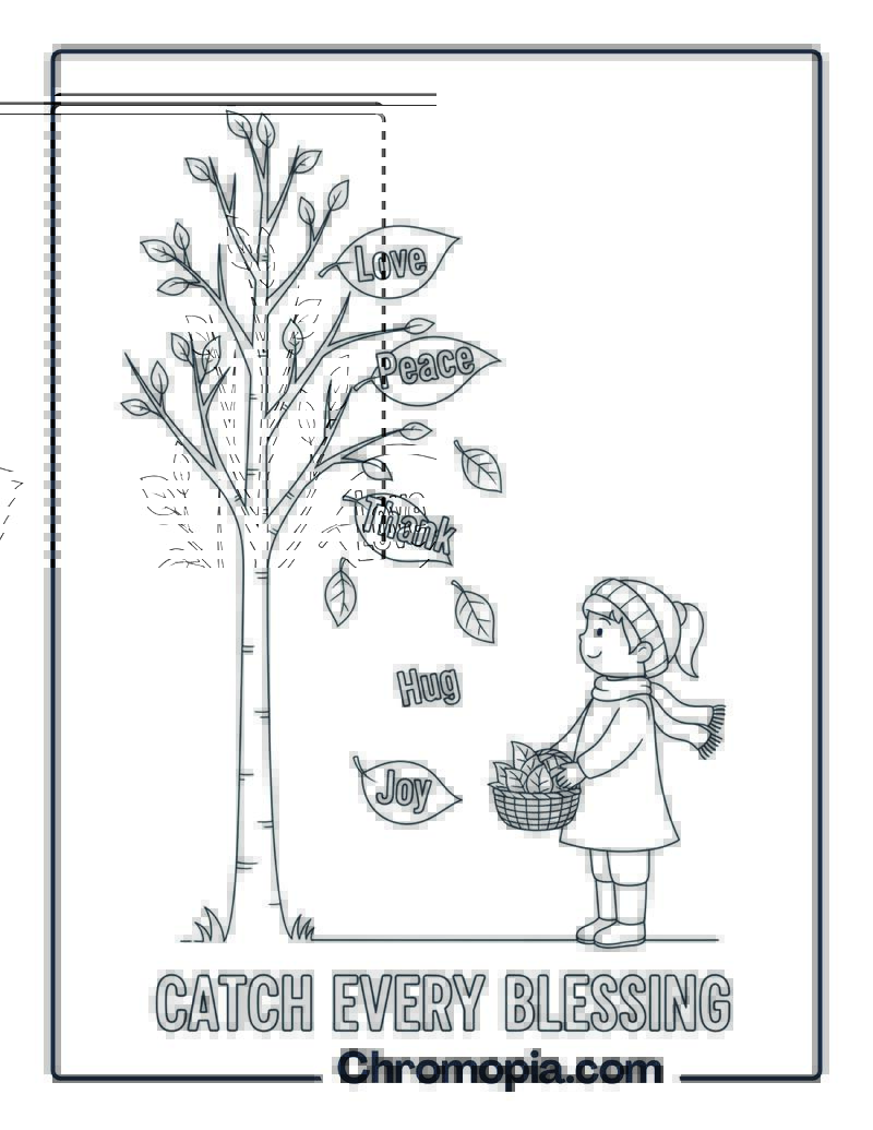 Thankful Tree with Falling Leaves Coloring Page