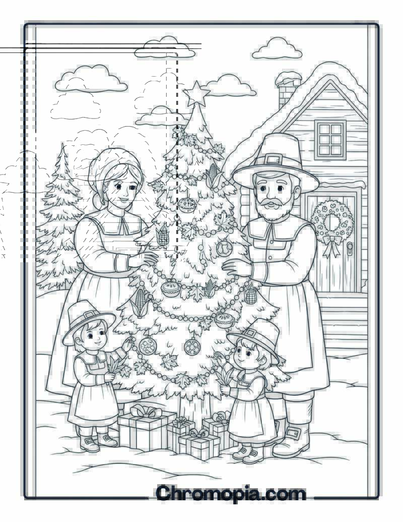 Pilgrim Family Christmas Decorating coloring sheet