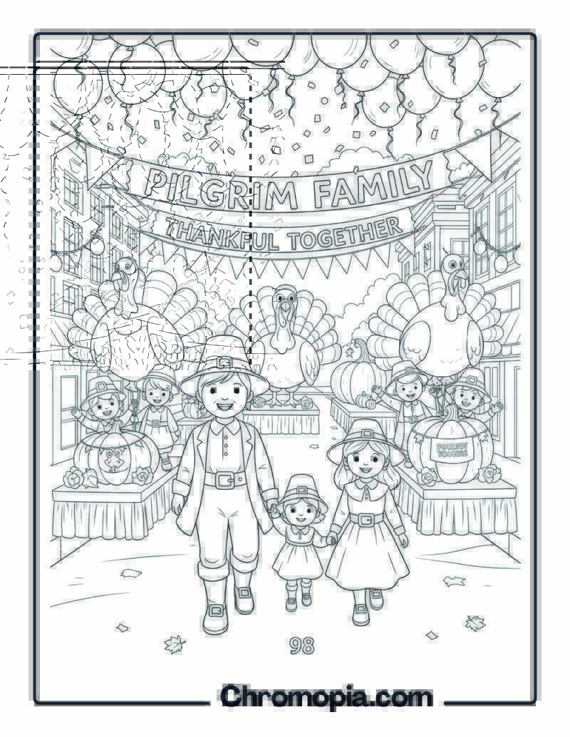 Pilgrim Family Thanksgiving Parade coloring page