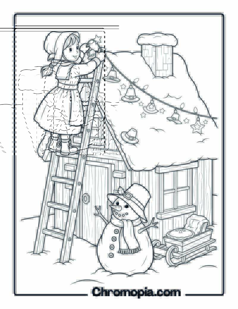 Pilgrim Girl Hanging Christmas Lights coloring page