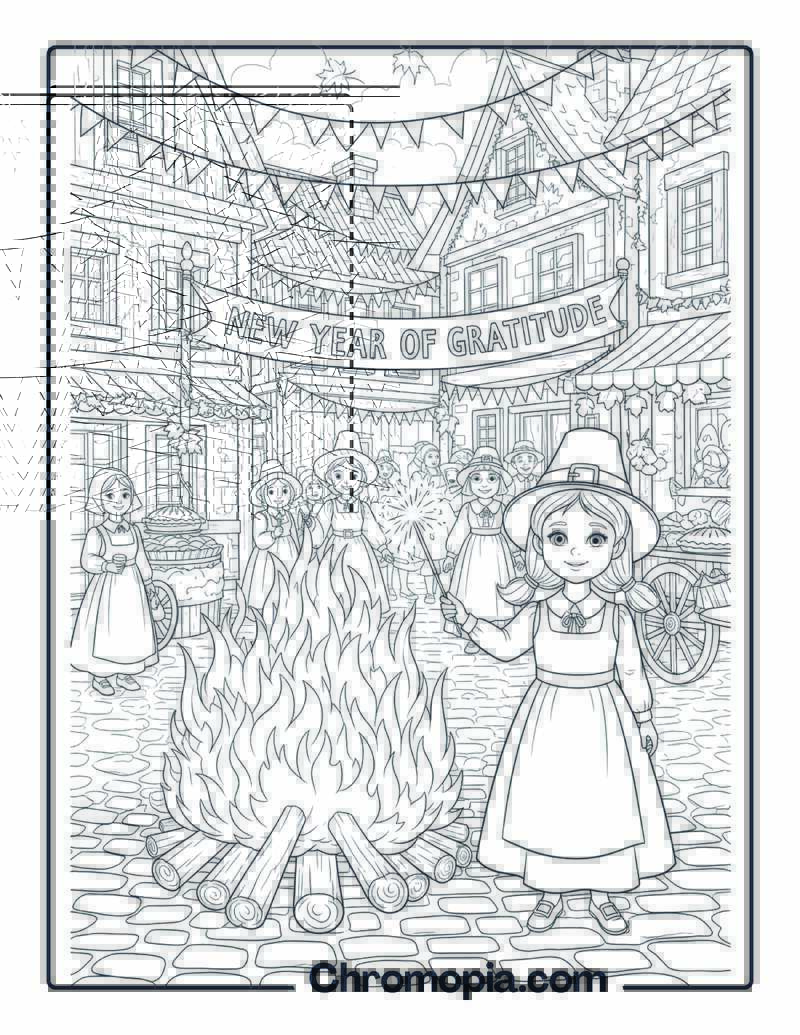 Pilgrim Girl at New Year Bonfire coloring page