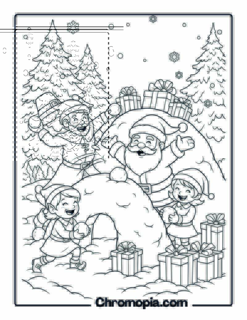 Pilgrim Snowball Fight with Santa coloring page