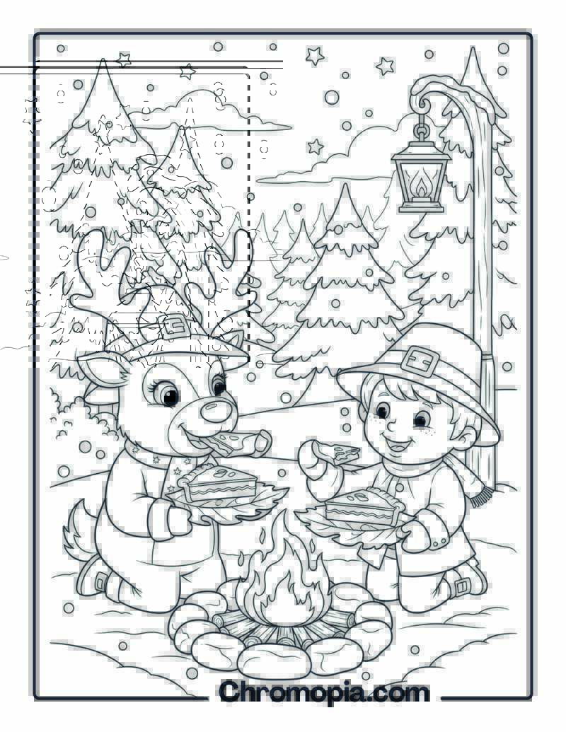 Pilgrim and Reindeer Share Pie coloring page