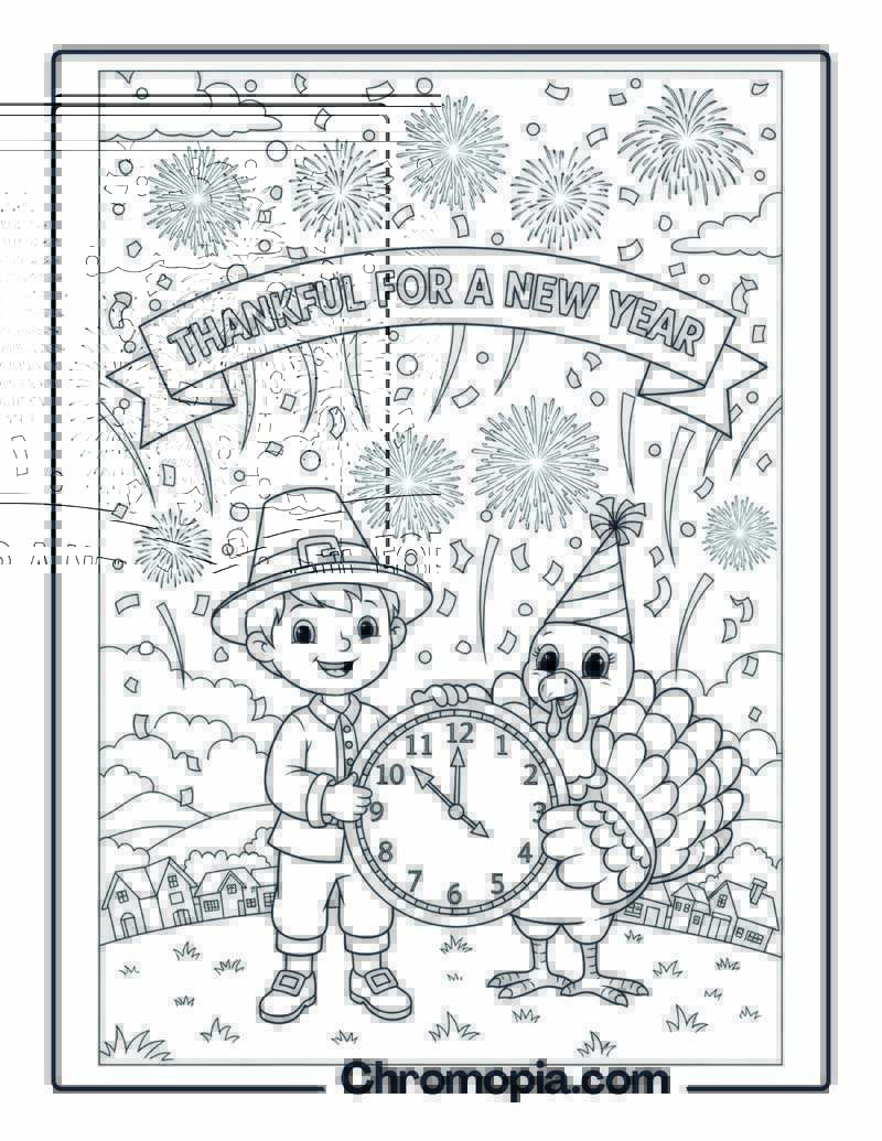 Pilgrim and Turkey Ring in New Year coloring sheet