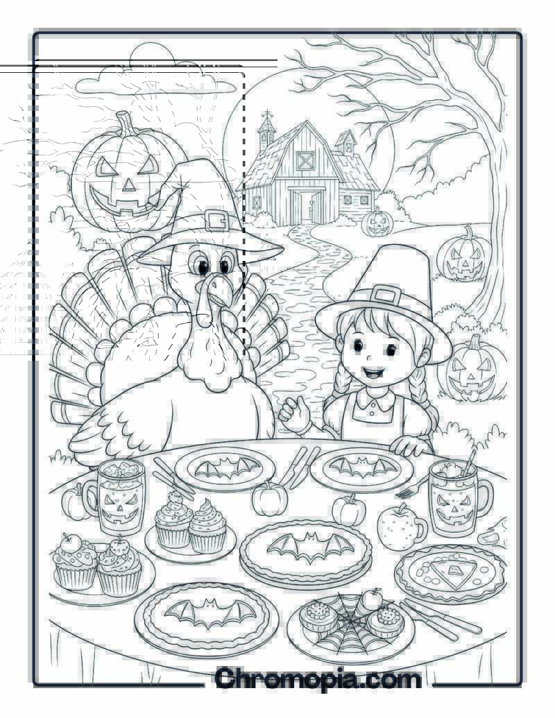 Pilgrim and Turkey at Halloween Feast coloring page