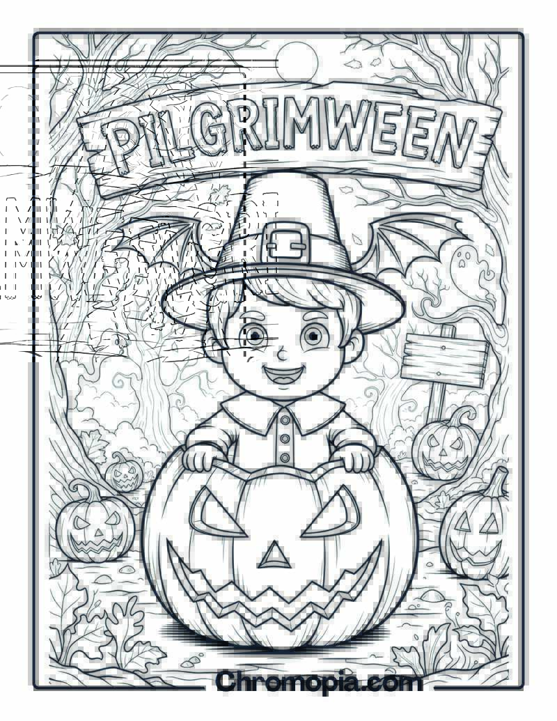 Thanksgiving Pilgrim in Haunted Pumpkin coloring page