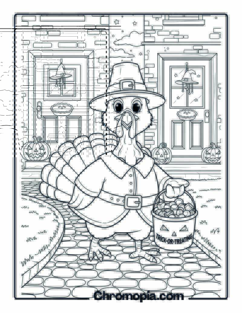 Turkey Pilgrim Trick-or-Treating coloring page