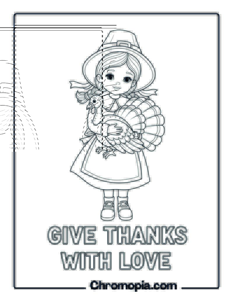 Pilgrim Girl Holding Turkey coloring sheet