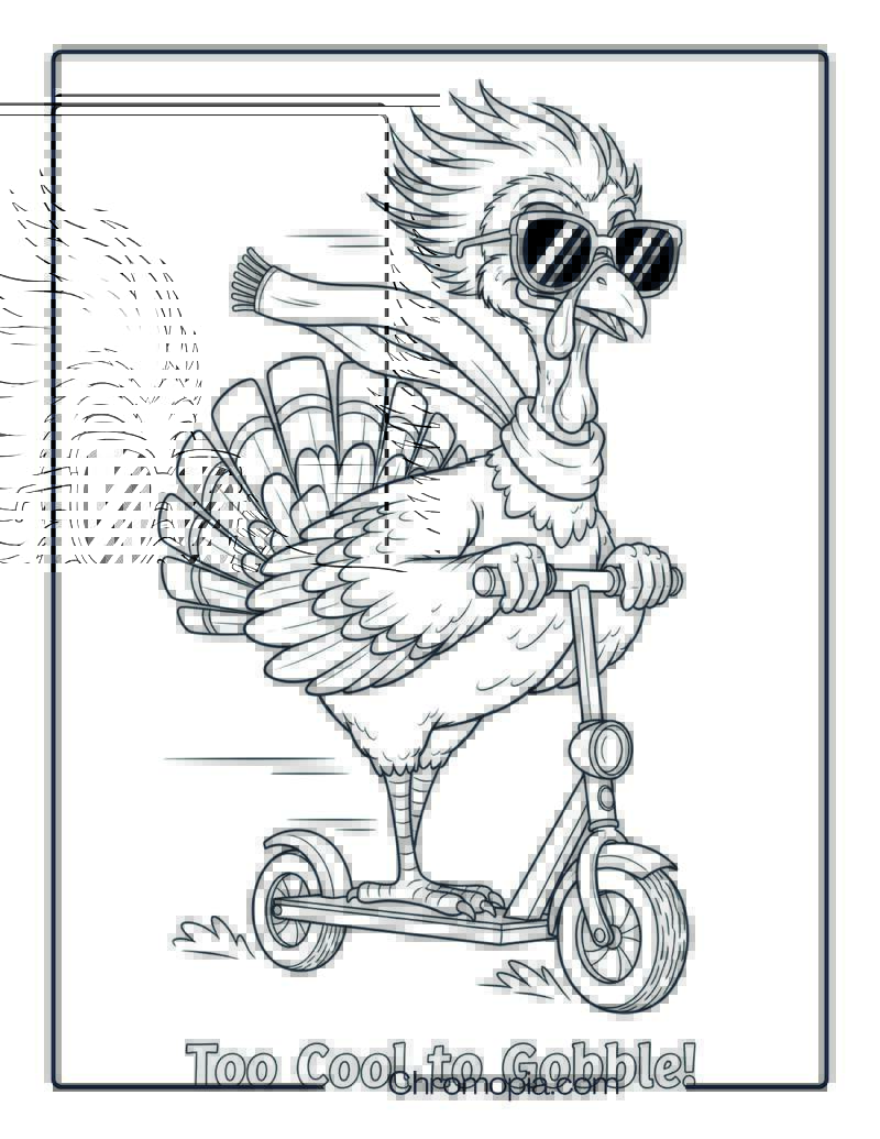 Cool Turkey Riding a Scooter with Sunglasses Coloring Page