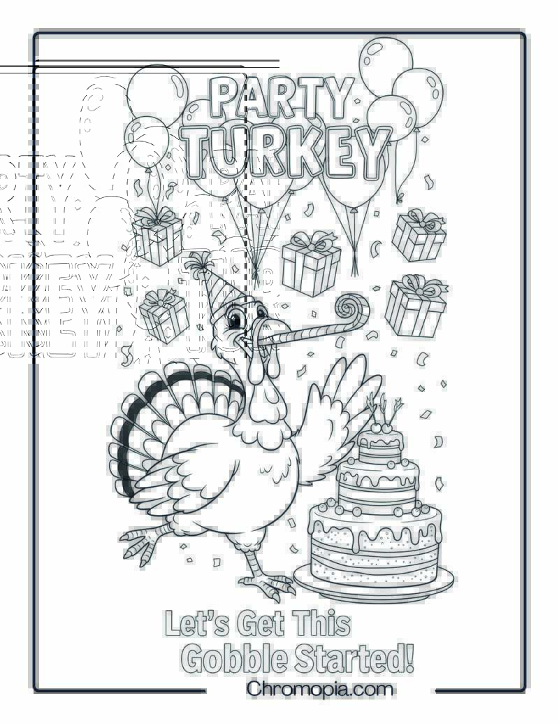 Party Turkey with Balloons and Cake Coloring Sheet