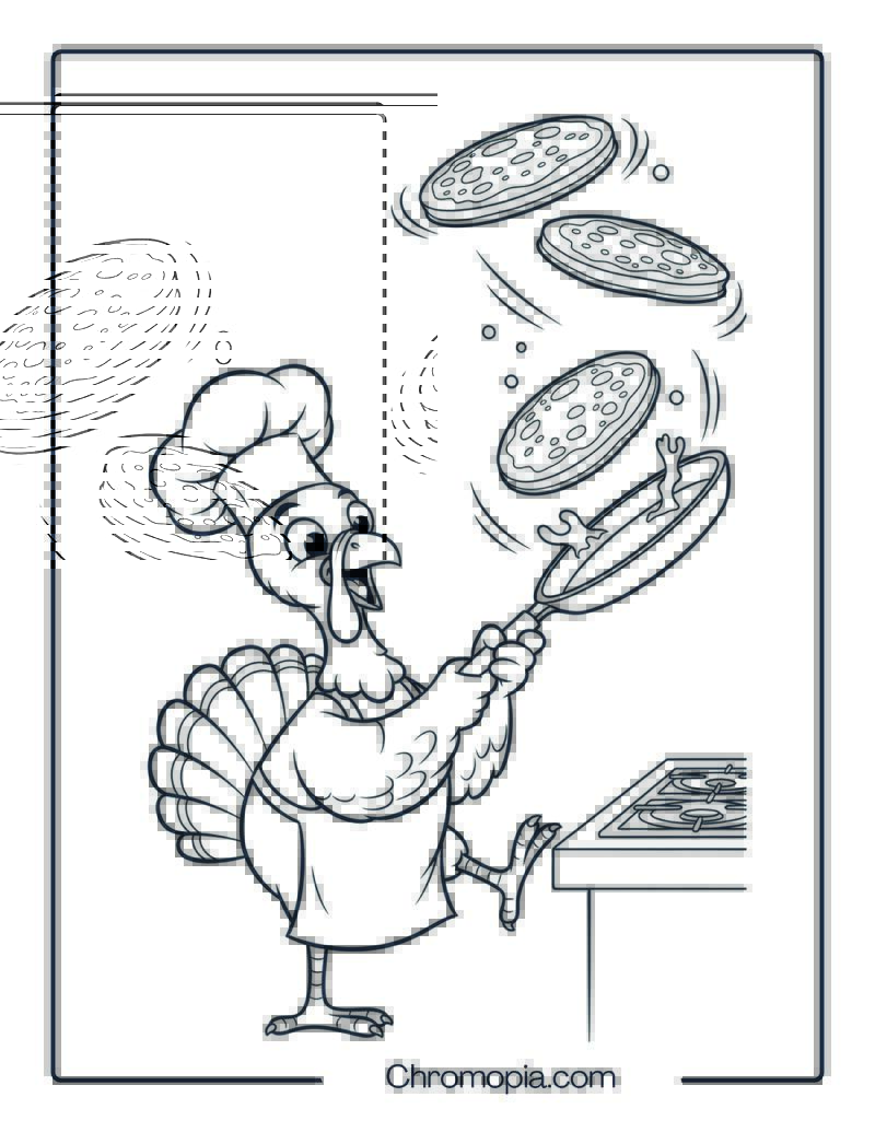 Turkey Chef Flipping Pancakes Coloring Page