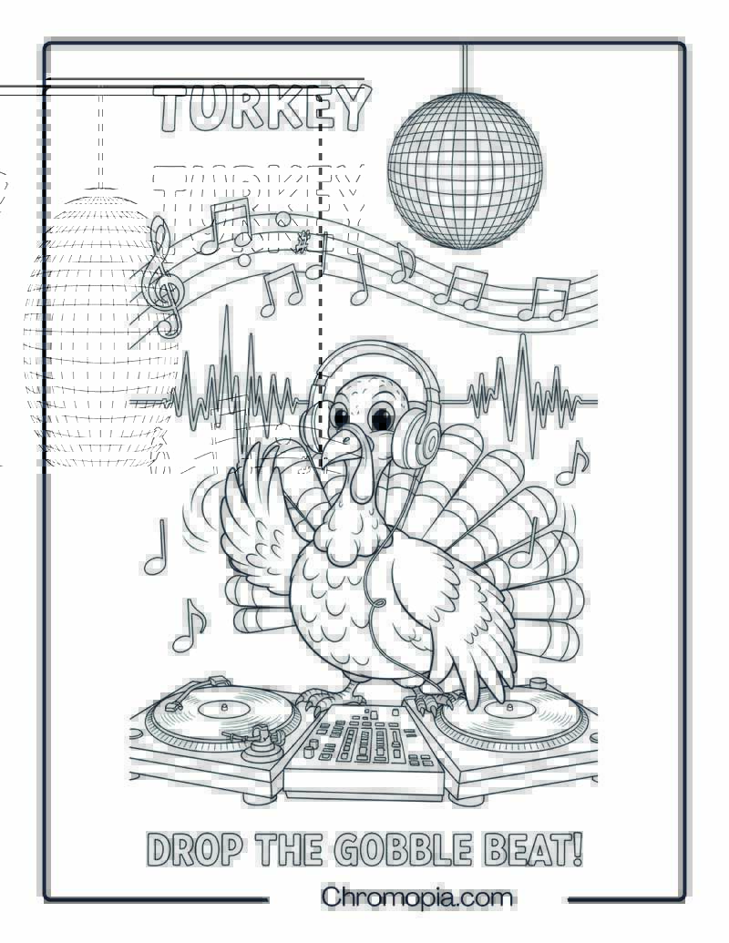 Turkey DJ with Headphones Coloring Sheet