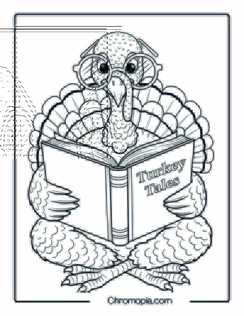 Turkey Wearing Giant Glasses Reading a Book Coloring Page