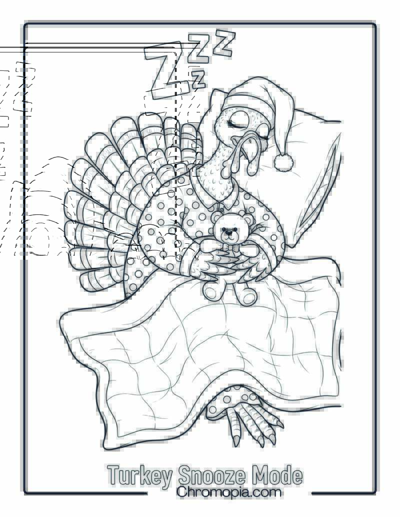 Turkey Wearing Pajamas and Sleeping with Teddy Coloring Page