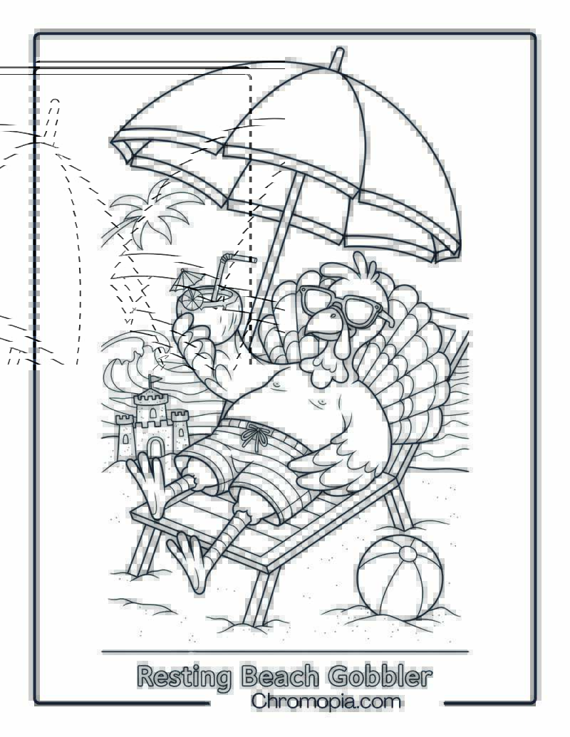 Vacation Turkey on the Beach Coloring Sheet