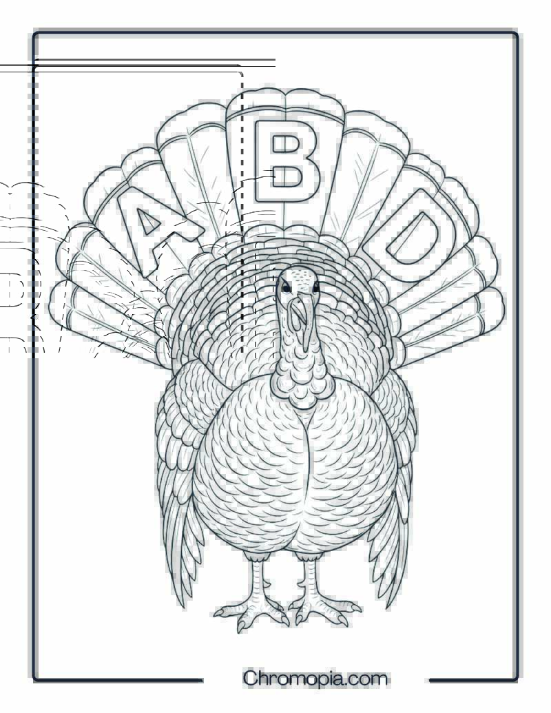 Turkey with Big Alphabet Feathers Coloring Page