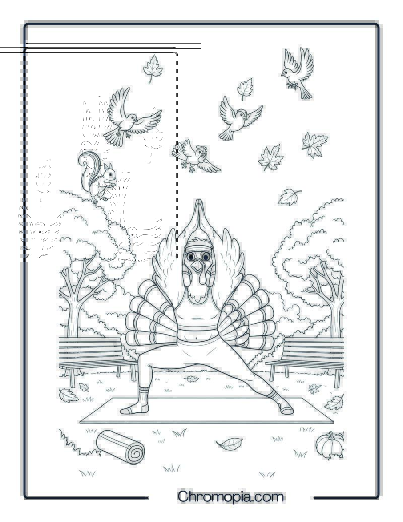 Comedic Turkey in Fitness Gear Doing Yoga (Coloring Page)