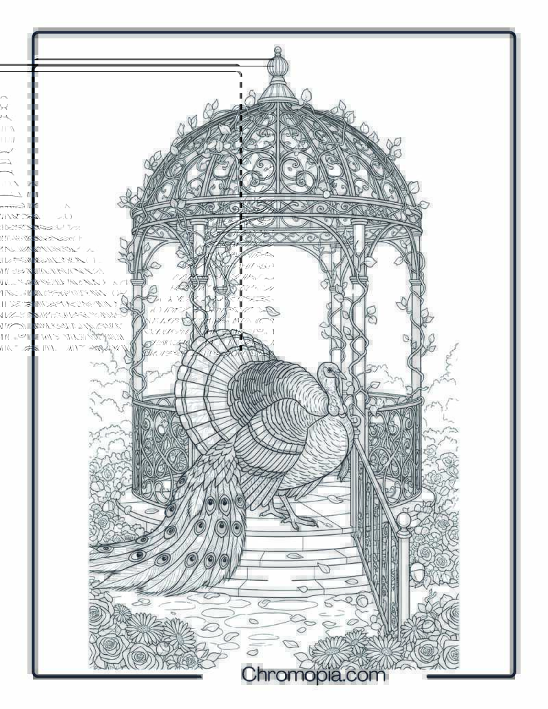 Elegant Turkey in Autumn Garden Gazebo (Coloring Page)