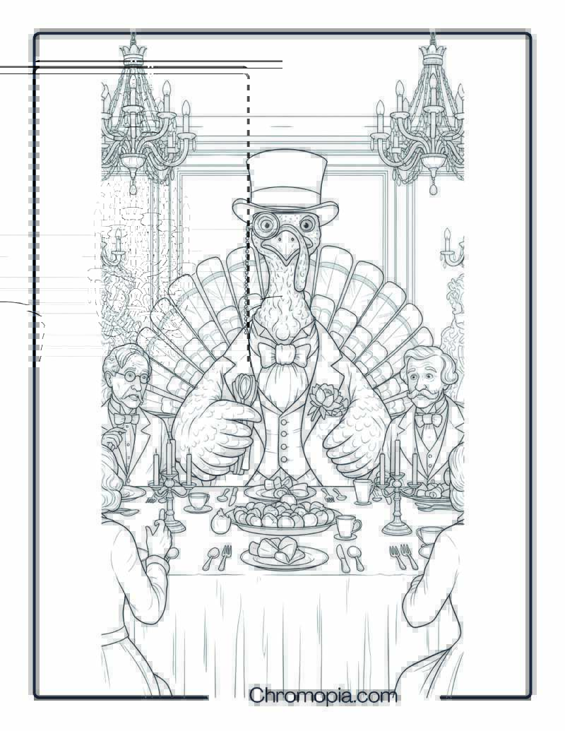 Fancy Turkey in Victorian Dinner Party Scene (Coloring Page)
