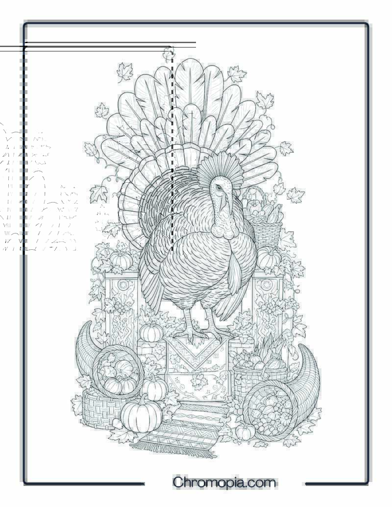 Majestic Harvest Turkey with Ornamental Feather Crown (Coloring Page)