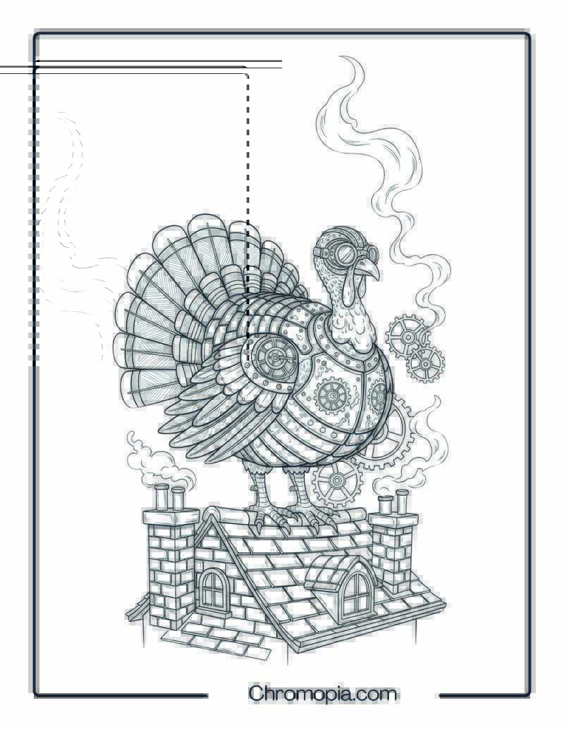 Steampunk Turkey in Mechanical Feather Armor (Coloring Page)