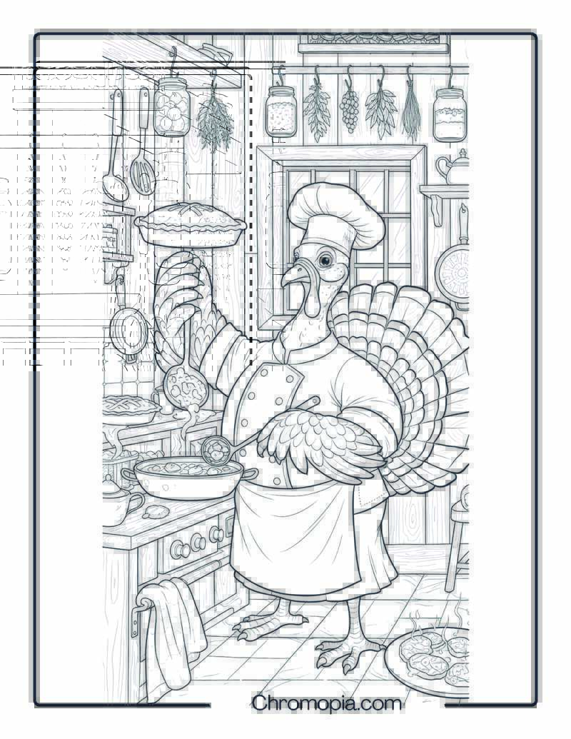 Thanksgiving Chef Turkey Cooking in Rustic Kitchen (Coloring Page)