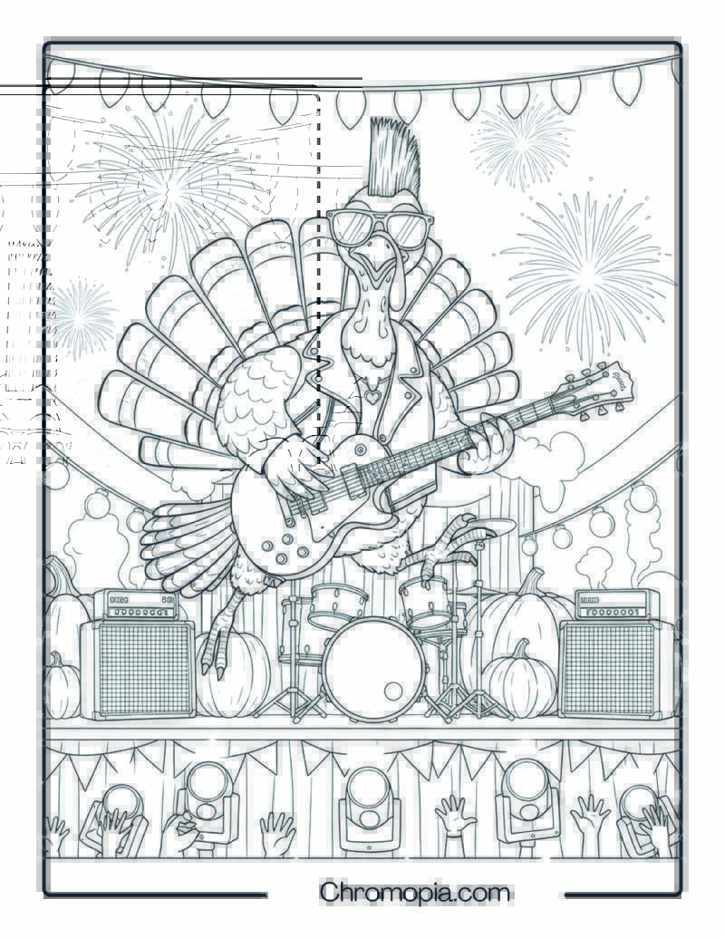 Turkey Rockstar Performing at Thanksgiving Concert (Coloring Page)