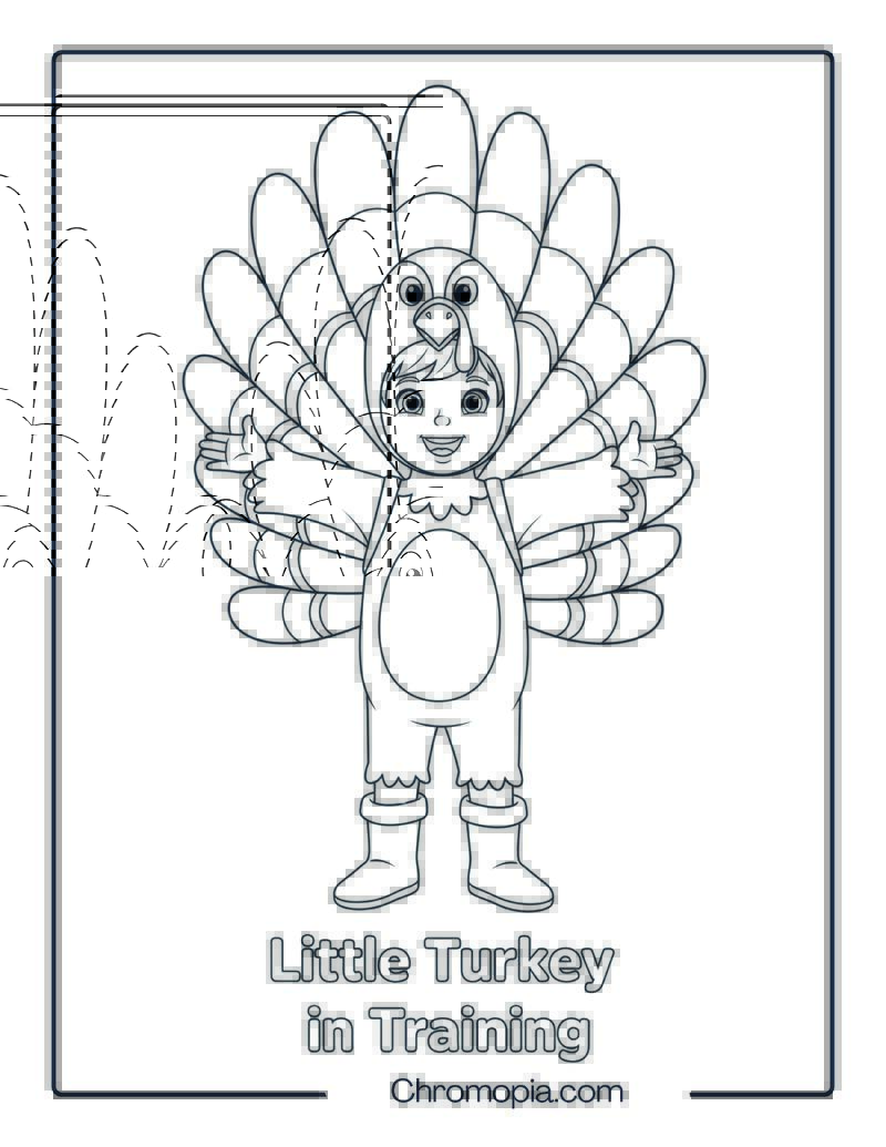 Kid Dressed as a Turkey with Feathers Coloring Page