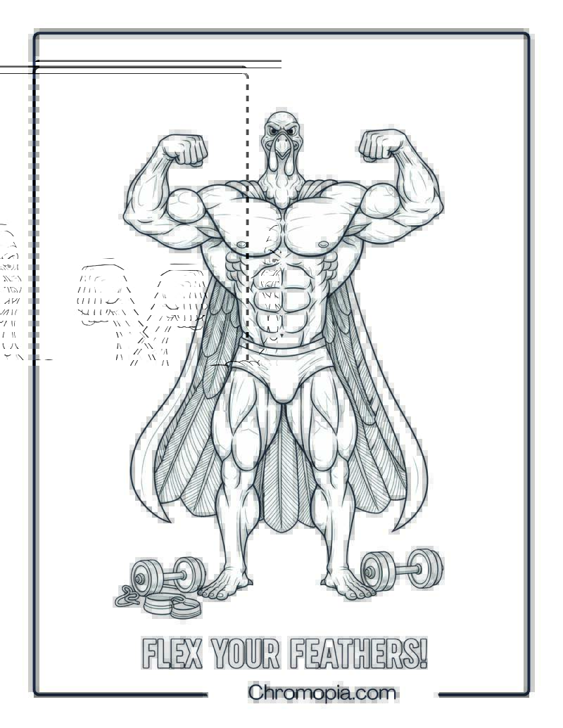 Muscle Gym Turkey with Feather Cape Coloring Page