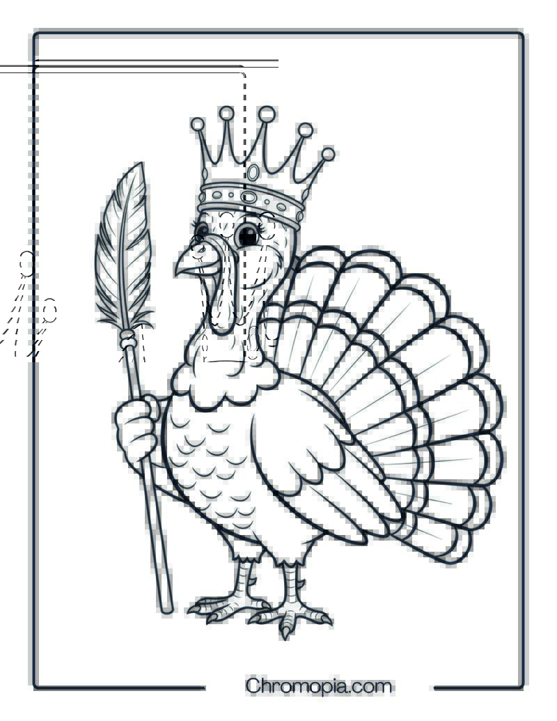 Turkey Wearing a Feather Crown Like a King Coloring Sheet