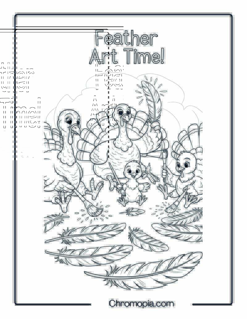 Turkey and Friends Decorating Feathers Together Coloring Page