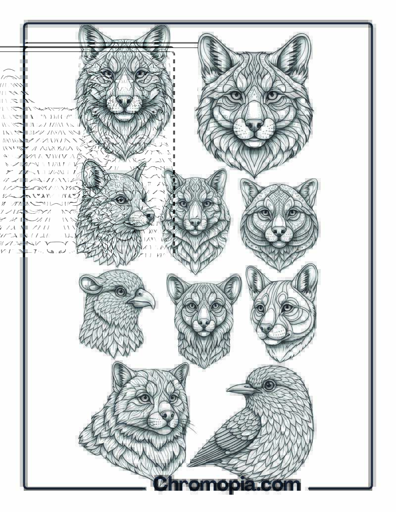 Complex Forest Animal Portraits Gallery Coloring Page