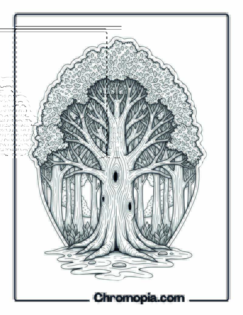 Mandala Forest Tree Patterns Meditation Coloring Page