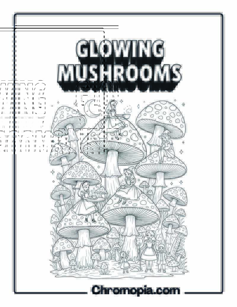 Enchanted Forest Glowing Mushrooms Kingdom Coloring Sheet