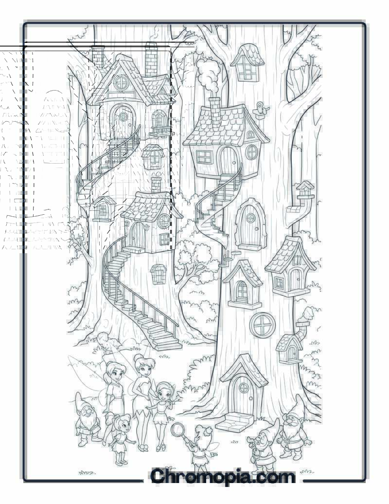 Fairy Houses Tree Hollows Village Coloring Page