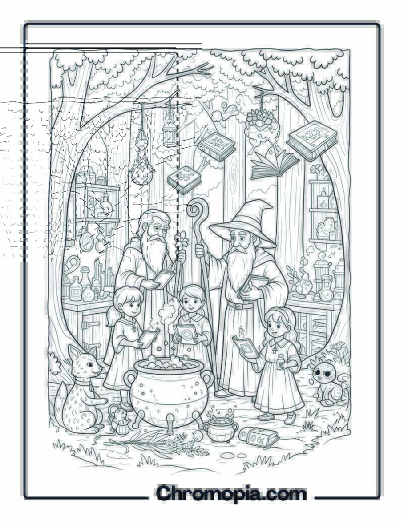 Forest Wizard Casting Spells Laboratory Coloring Page