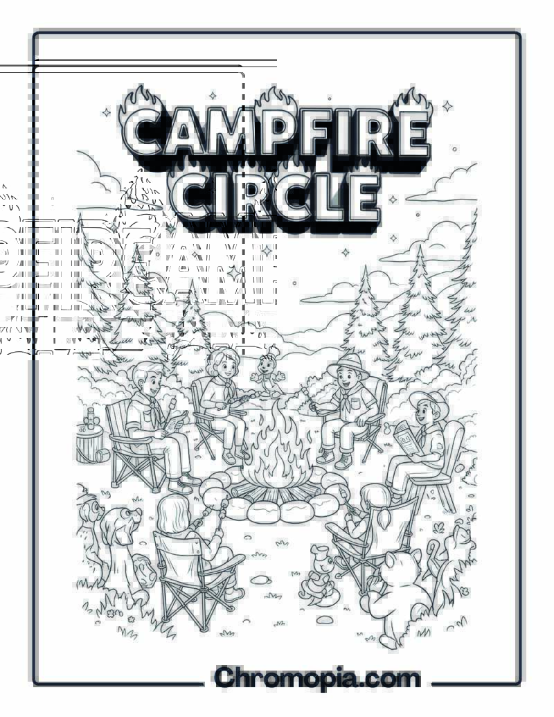 Campfire Circle Forest Night Stories Coloring Sheet