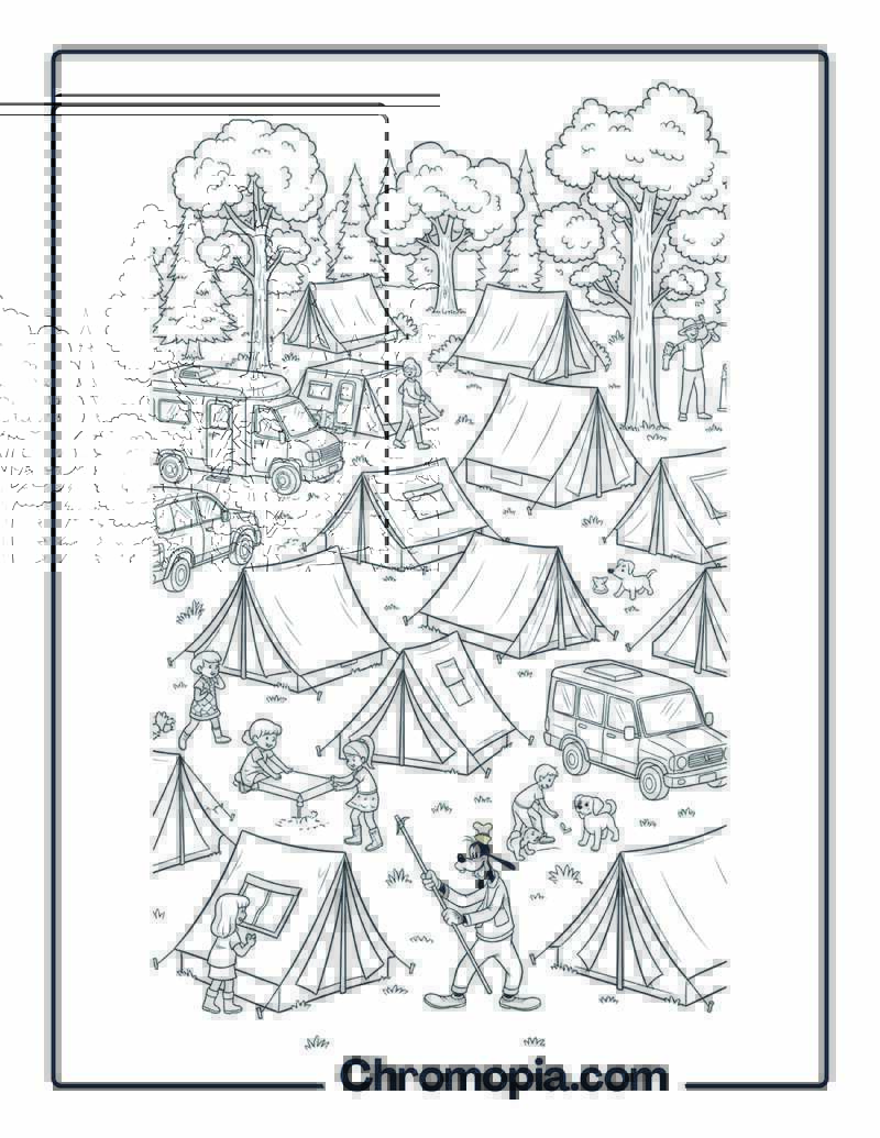 Camping Tent Forest Clearing Adventure Coloring Page