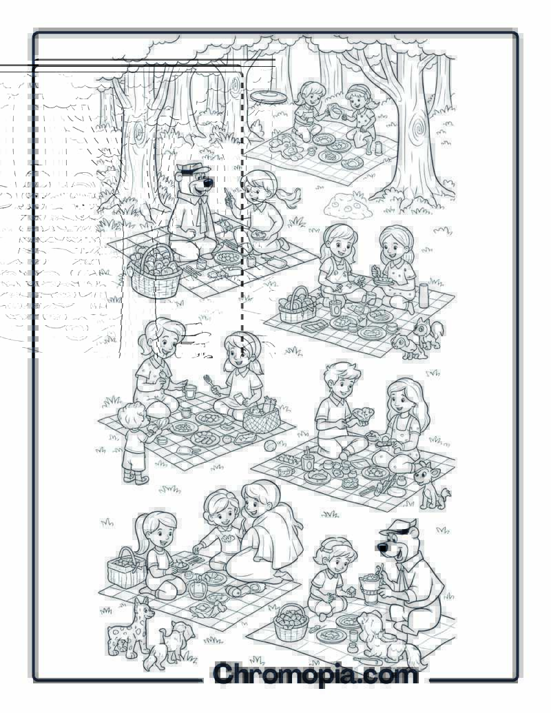 Forest Picnic Family Scene Celebration Coloring Page