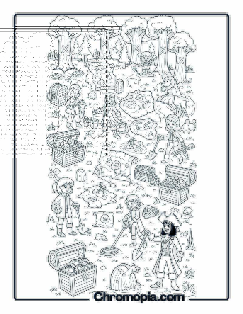 Forest Treasure Hunt Map Adventure Coloring Page