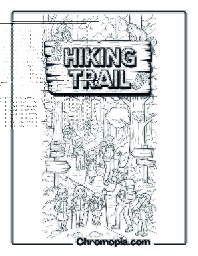 Hiking Trail Through Forest Expedition Coloring Sheet