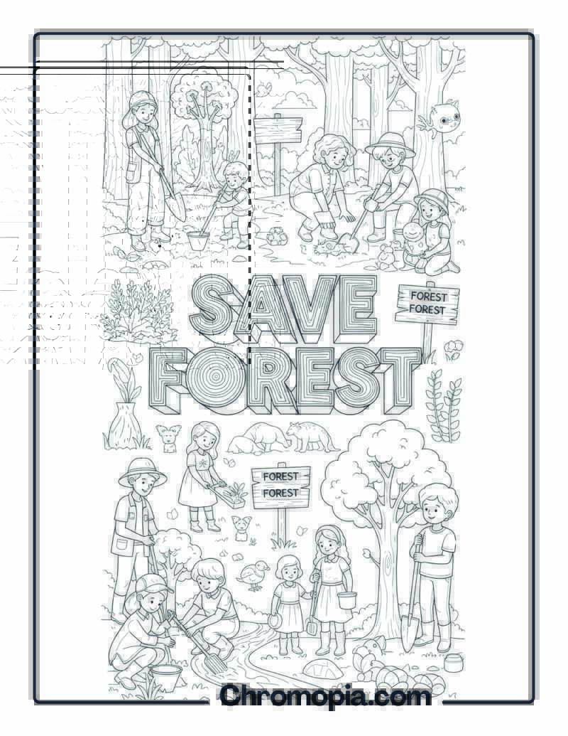 Forest Conservation Message Scene Campaign Coloring Page