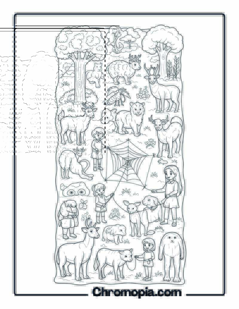 Forest Ecosystem Interconnected Animals Network Coloring Sheet