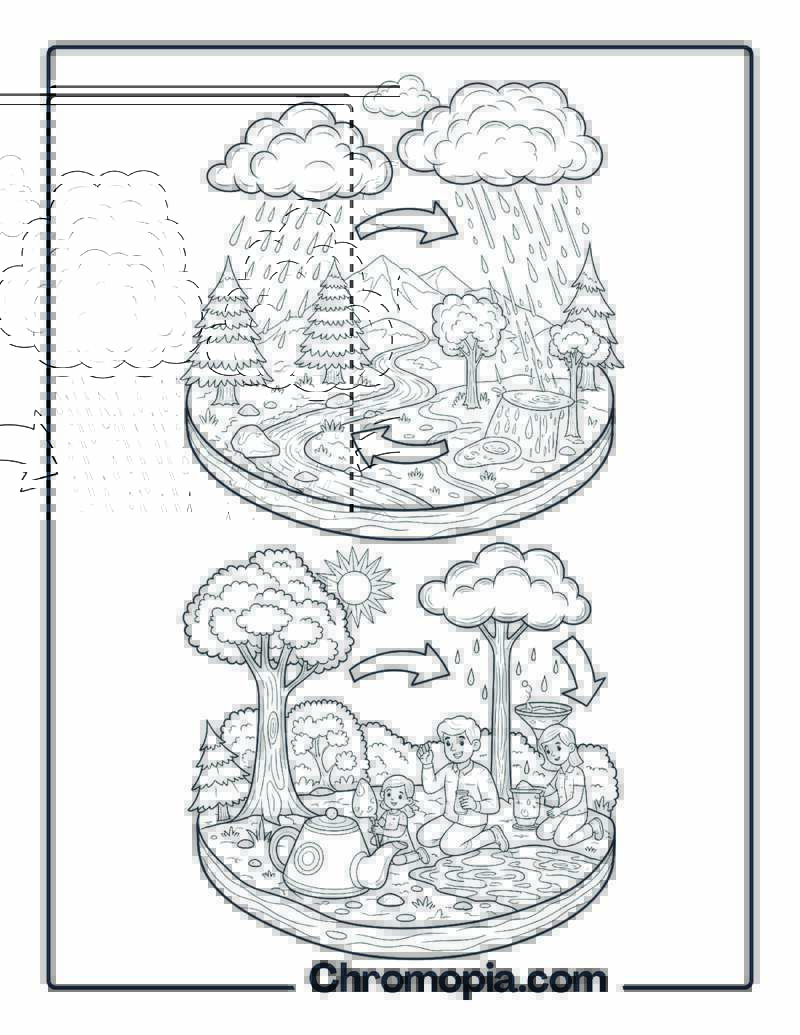 Forest Water Cycle Showing Process Coloring Page
