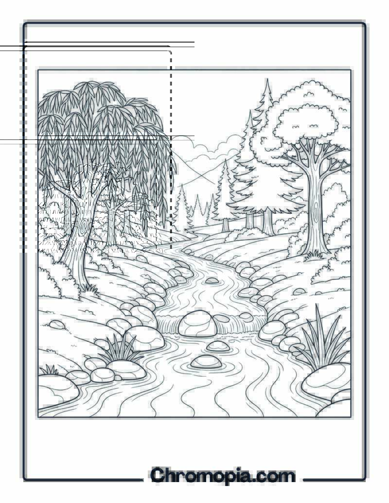Flowing River Forest Valley Coloring Sheet