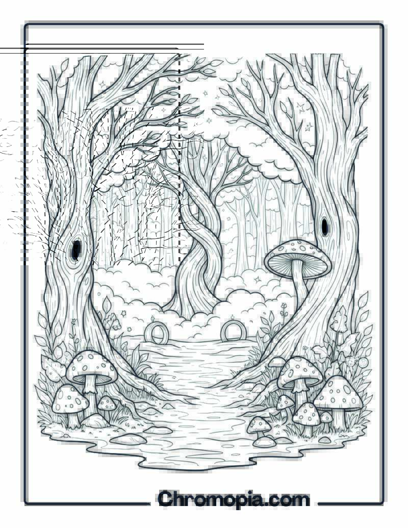 Mystical Forest Landscape Dreamscape Coloring Page
