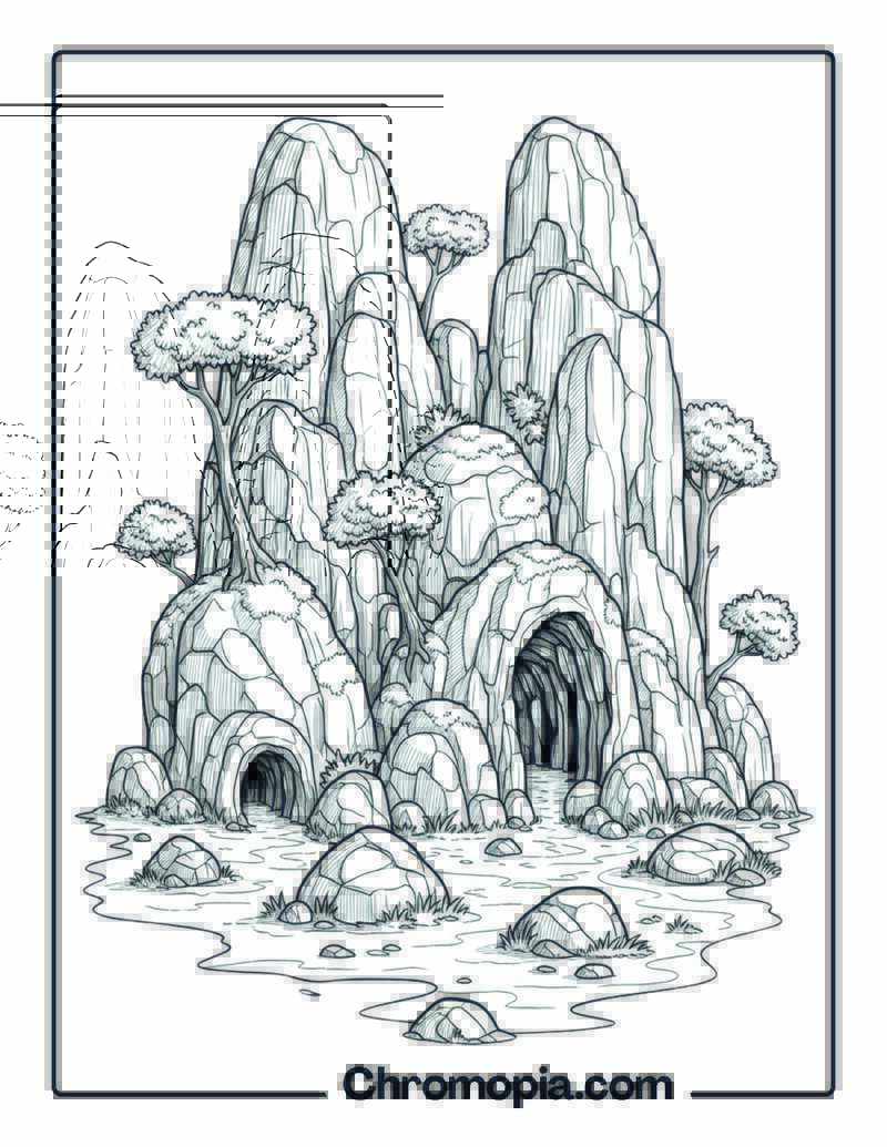 Rocky Boulder Forest Terrain Coloring Page