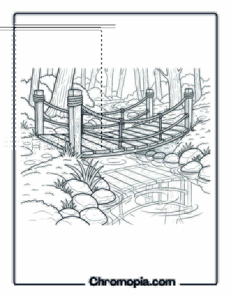 Stream Crossing Forest Bridge Coloring Page