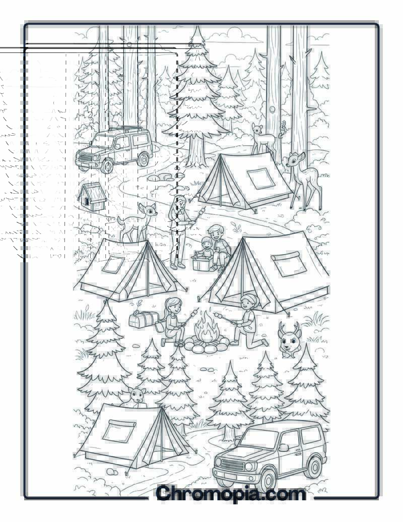 Dense Pine Forest Needle Camping Coloring Page