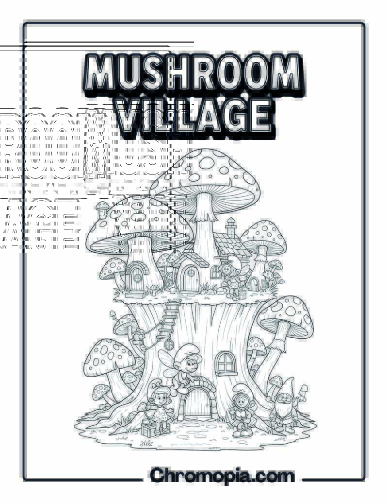 Mushrooms Growing Tree Base Village Coloring Page